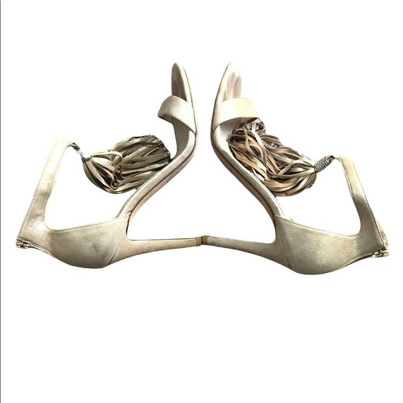 JIMMY CHOO Viola 110 Tan Suede Crystal Tassel High Heeled Sandals Size EU 37.5 - Picture 10 of 15